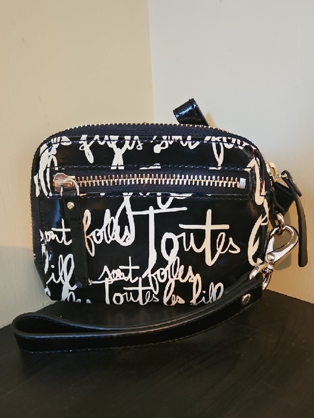 Kate Spade Black Patent Script Print Wristlet - Picture 3 of 10